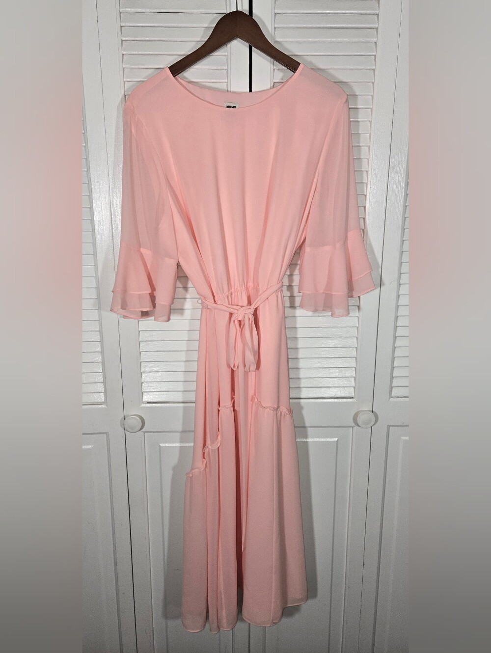 Anne Klein Bell Sleeve Chiffon Cherry Blossom Pink Peach Tier Midi Dress Sz XL